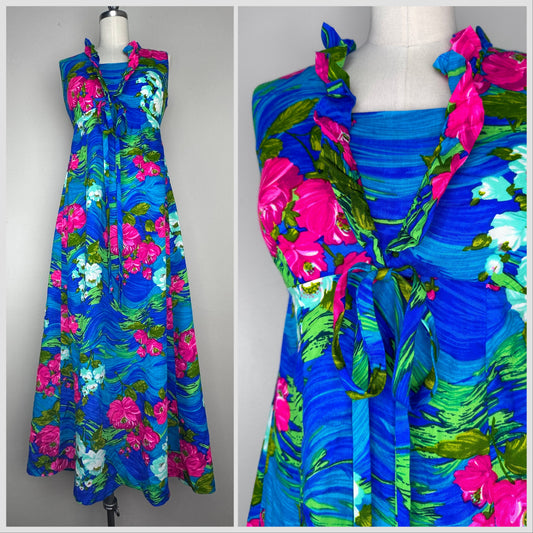 1960s/70s Bright Floral Hawaiian Dress, Size XS/S