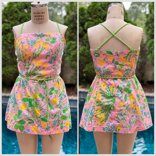 1970s Floral Two Piece Playsuit, Sea Waves Swimsuit Size Medium, Cotton Tunic and Bloomers