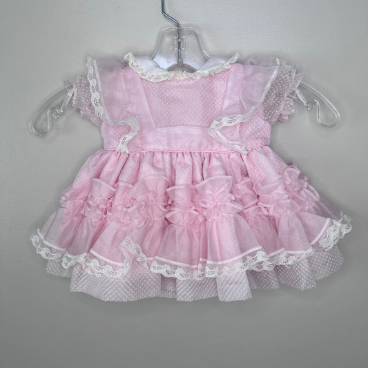 1970s/80s Pastel Pink Sheer Swiss Dot Pinafore Baby Dress, Full Circle Skirt, Size 3-6m