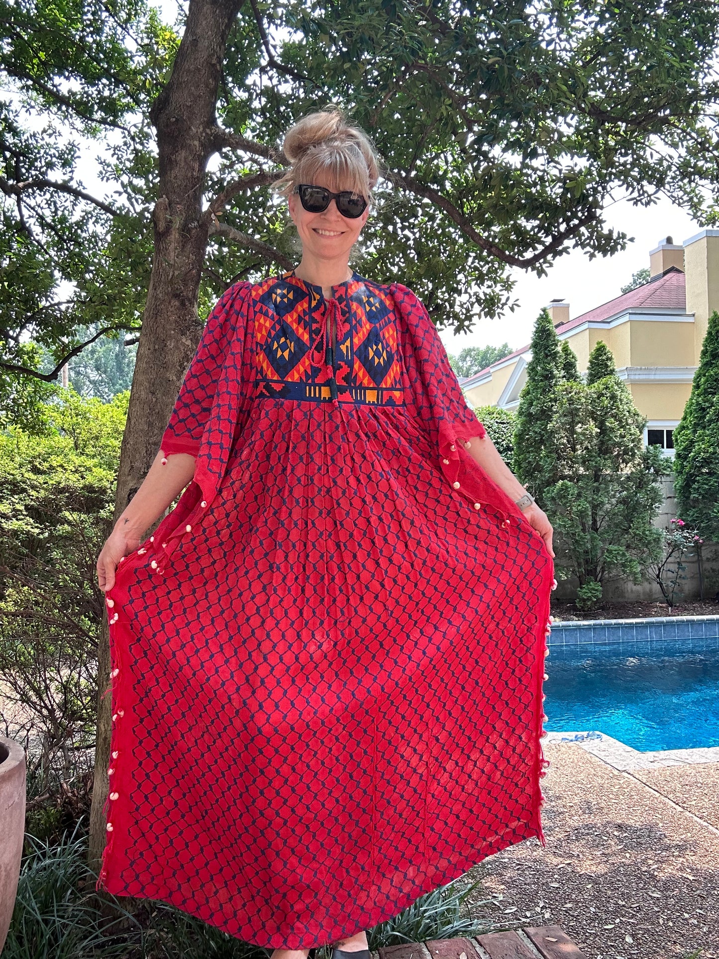 1960s Rikma Red Keffiyeh Caftan Dress, Size Small, Angel Sleeves