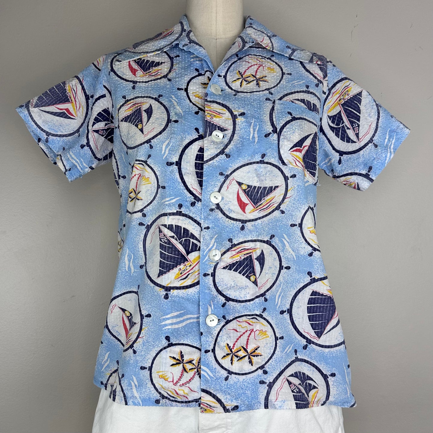 1940s/50s Seersucker Shirt, Size Small, Sailboats, Palm Trees