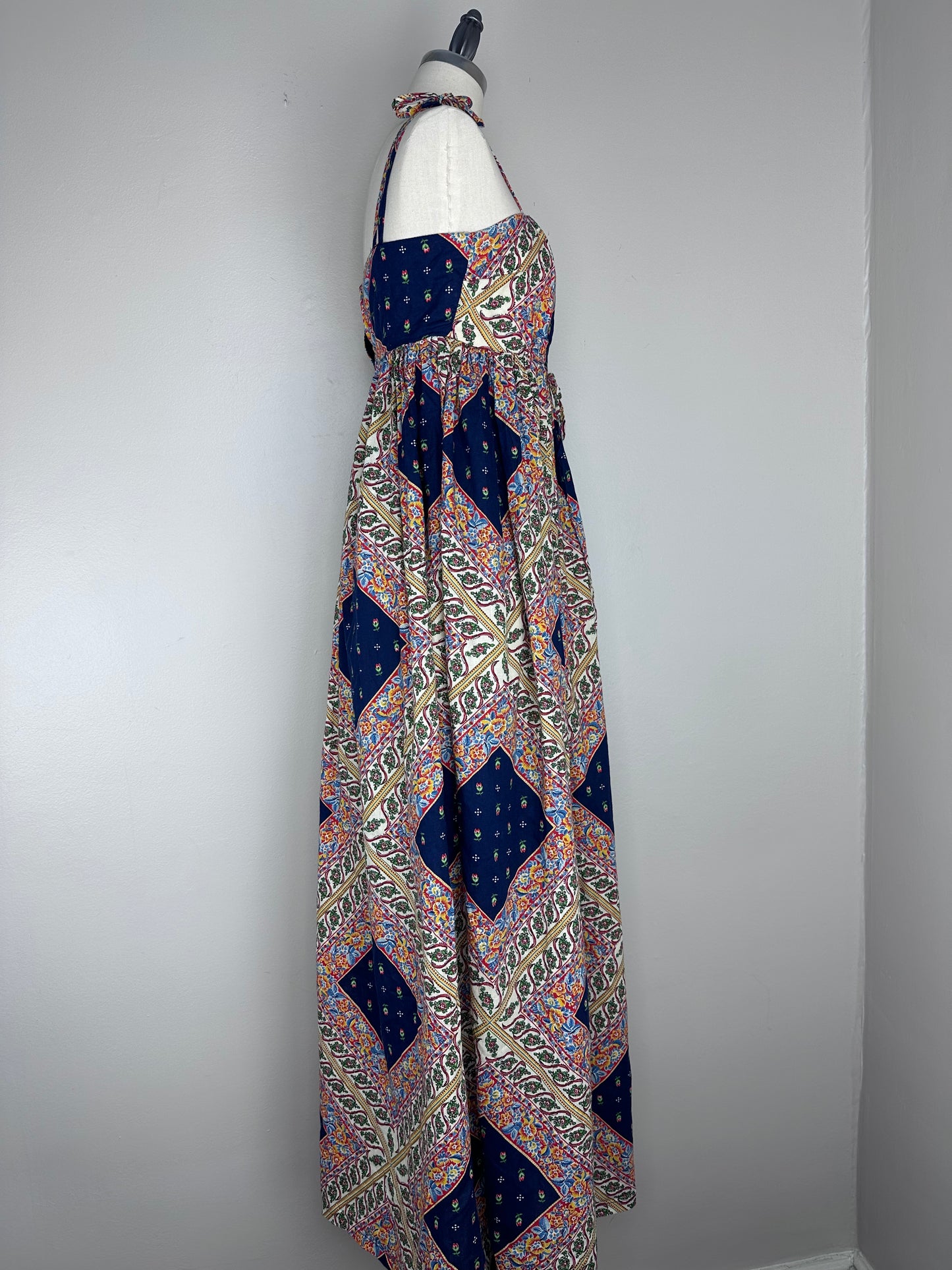 1970s Boho Scarf Print Maxi Dress, Handmade Size XXS Sundress