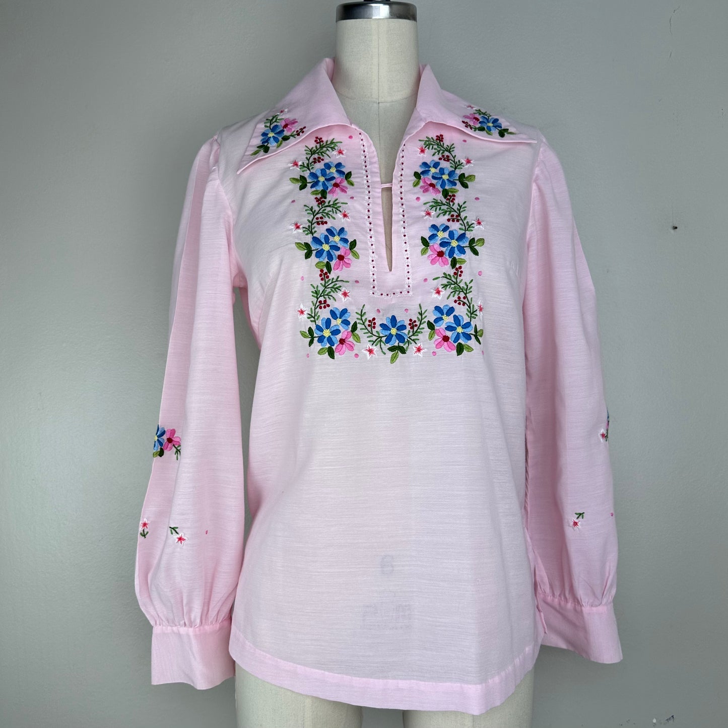 1970s Pastel Pink Hand Embroidered Peasant Blouse, Lily Size Small