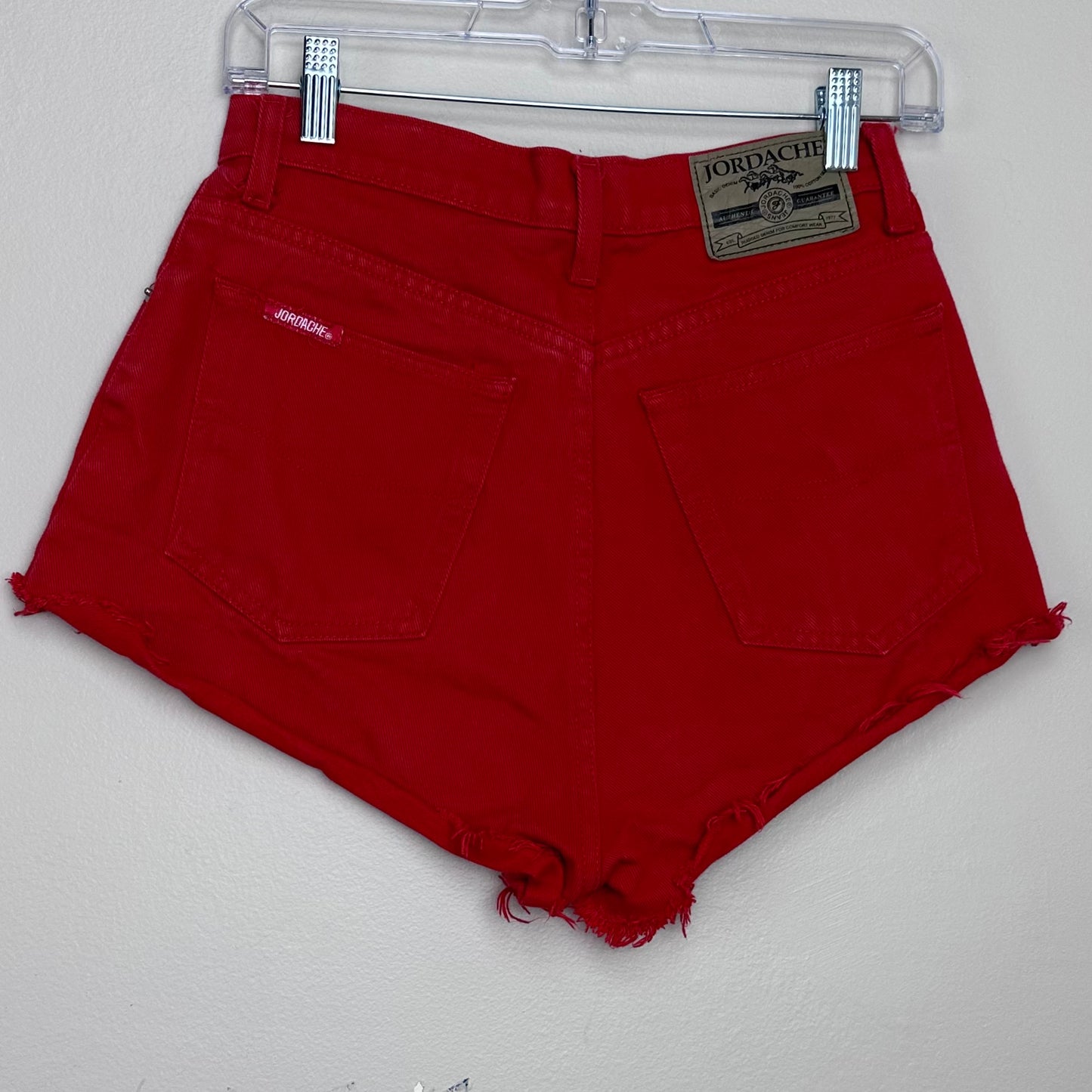 1990s Red Denim Cut Off Shorts, Jordache, 26" Waist