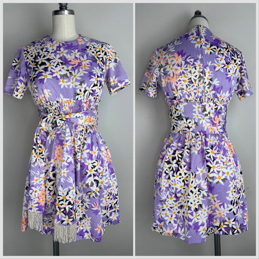 1960s Purple Floral Micro Mini Dress, Size Small