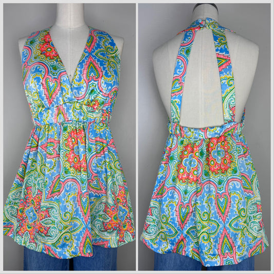 1970s Paisley Print Peplum Top, Size Small