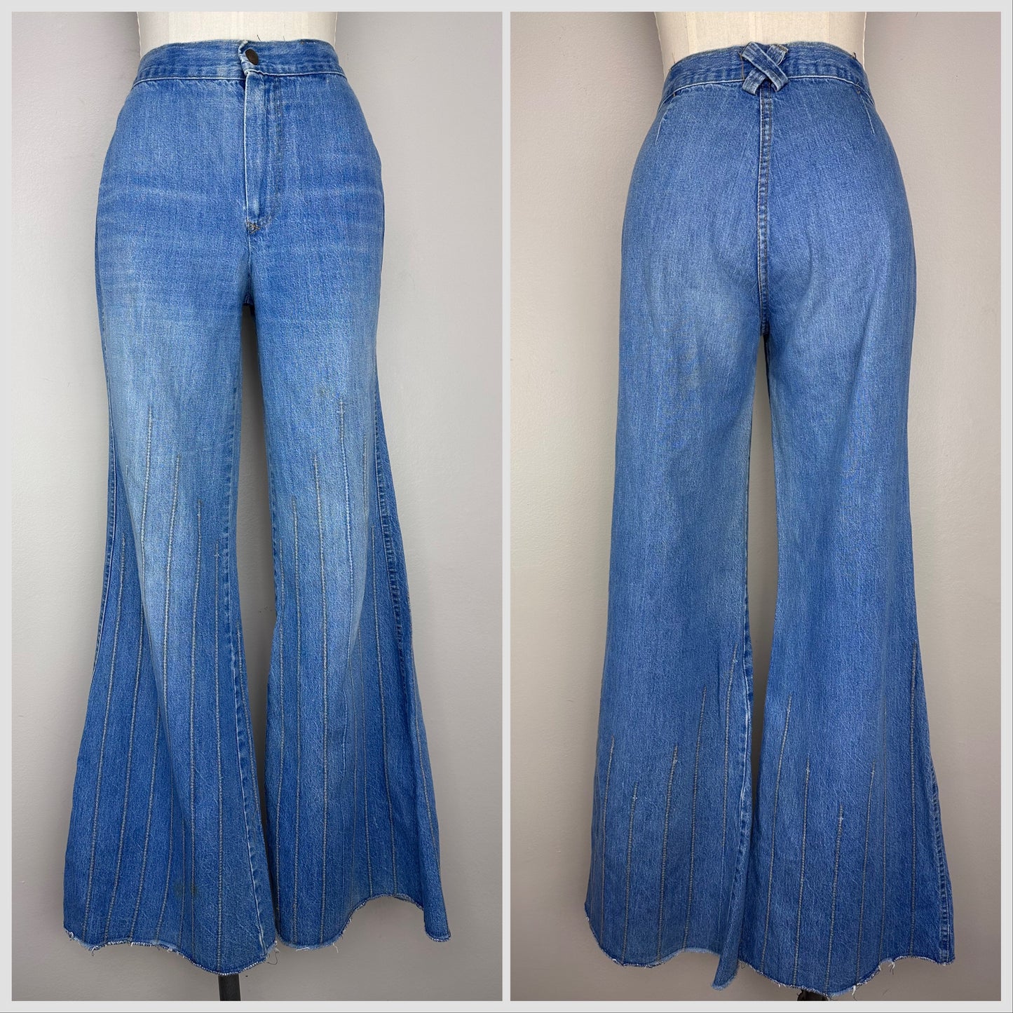 1970s Bell Bottom Blue Jeans, Pin Tucks, 28"X31.5"