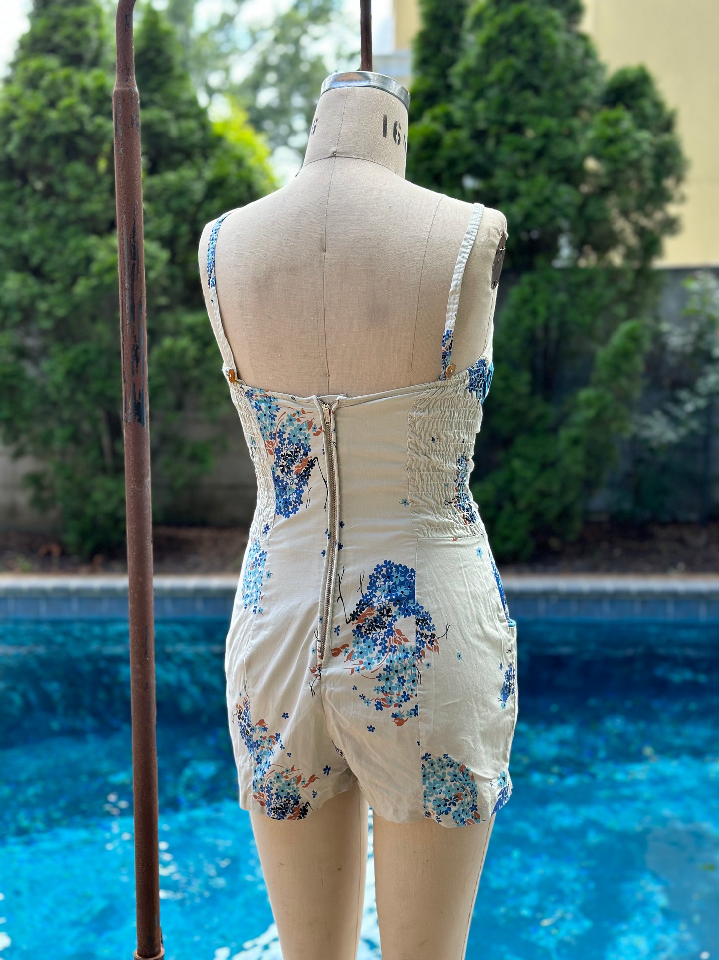 1950s Blue Floral Romper Swimsuit, Lee Swimplay Playsuit Size XS