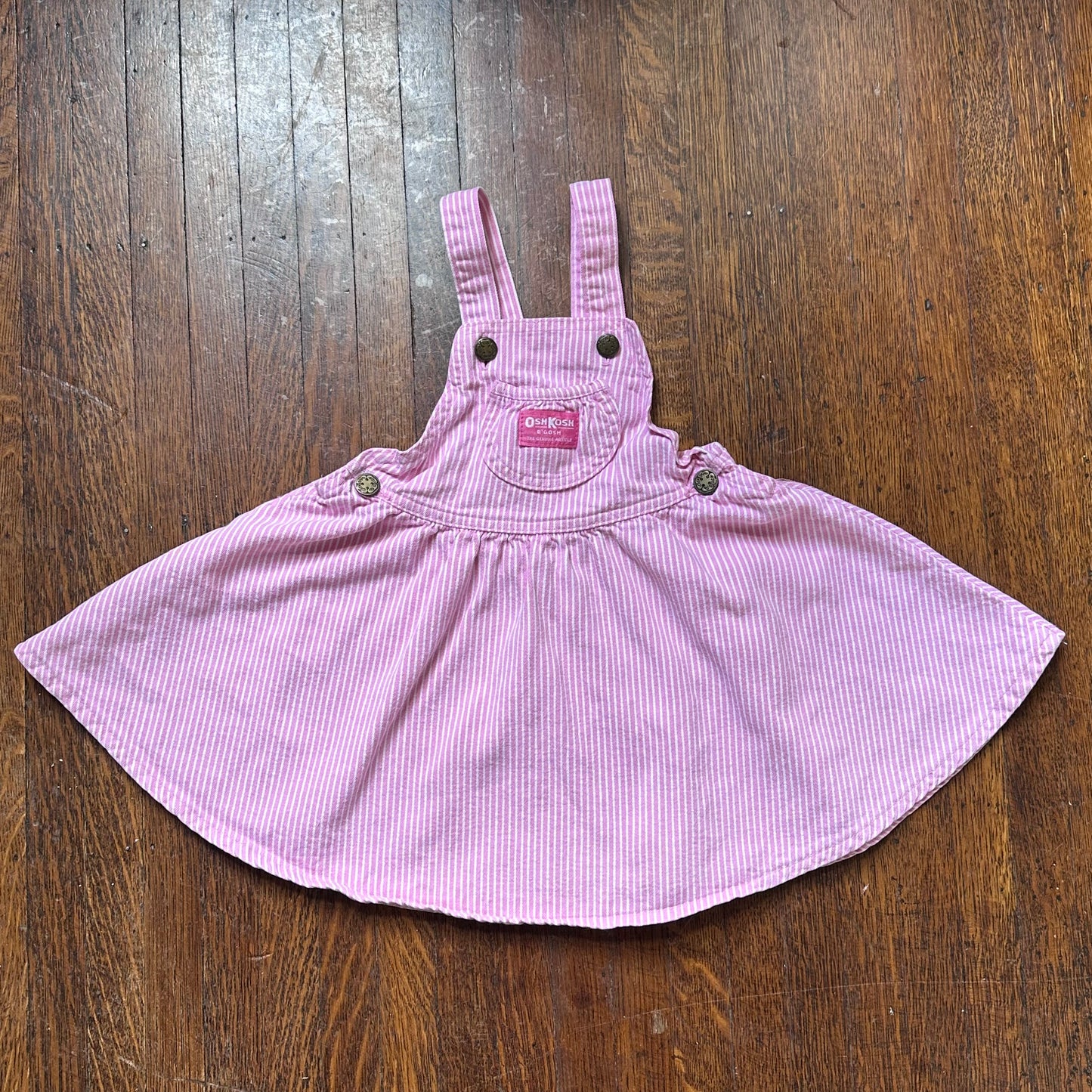 1980s Pink Stripe Denim OshKosh Vestbak Jumper, Kids Size 4T