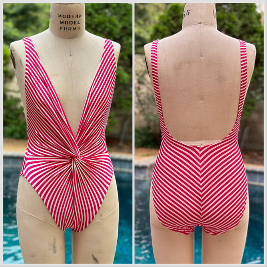 1980s Pink and White Stripe Twist Front One Piece Swimsuit, Petticord Size XS-S