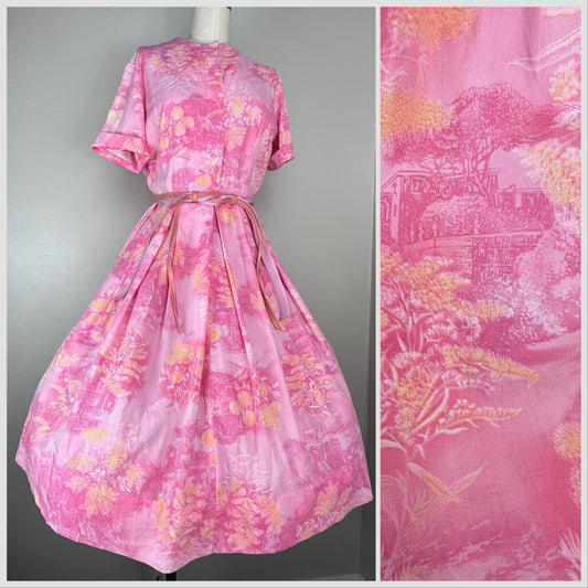 1950s/60s Pink Toile Print Shirt Dress, Marcy Lee Dallas Size Small