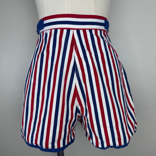 1940/50s Striped High Waisted Shorts, 24" Waist, Back Zip, Side Buckles