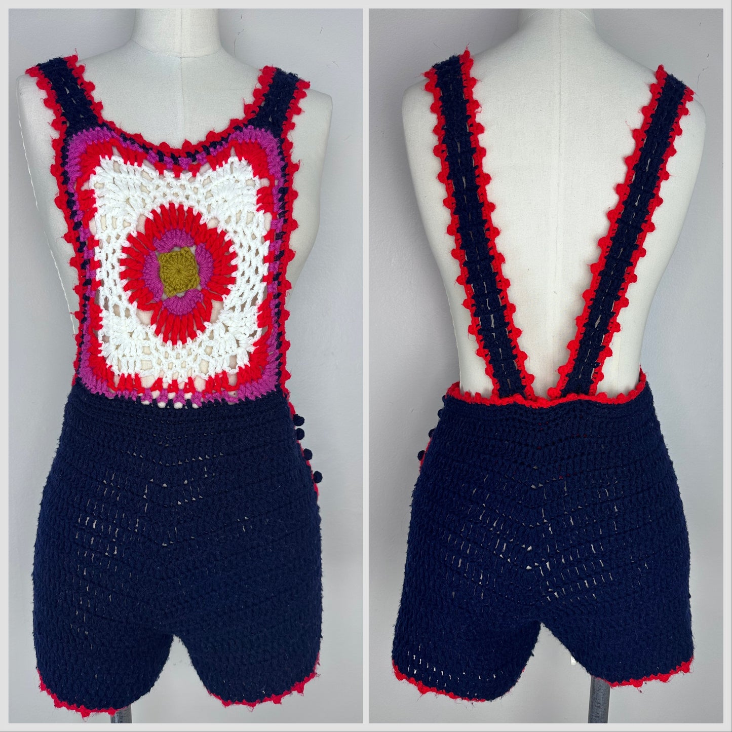 1960s Crochet Granny Square Shortalls, Size Small-Medium, Low Back Overall Side Button Shorts Romper