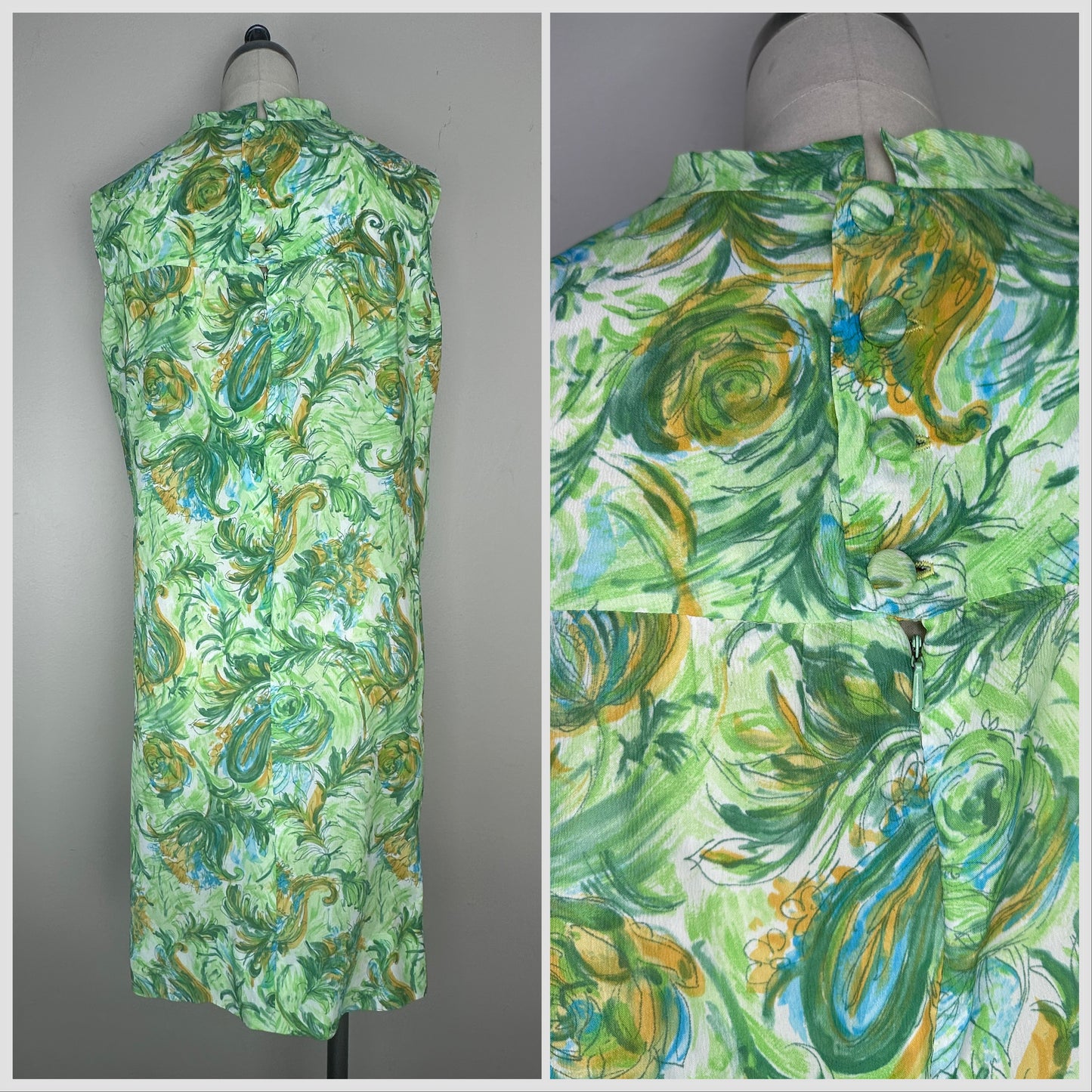 1960s Green Brushstroke Floral Shift Sleeveless Dress, Size S/M