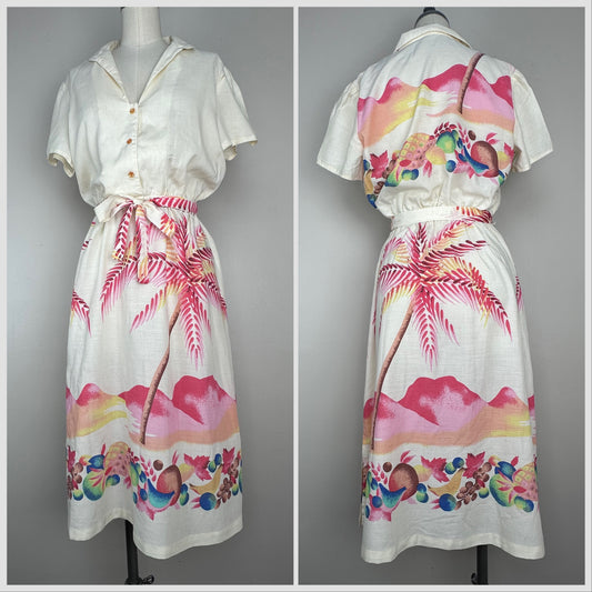 1970s/80s Palm Tree/Desert/Fruit Print Shirt Dress, Size Medium