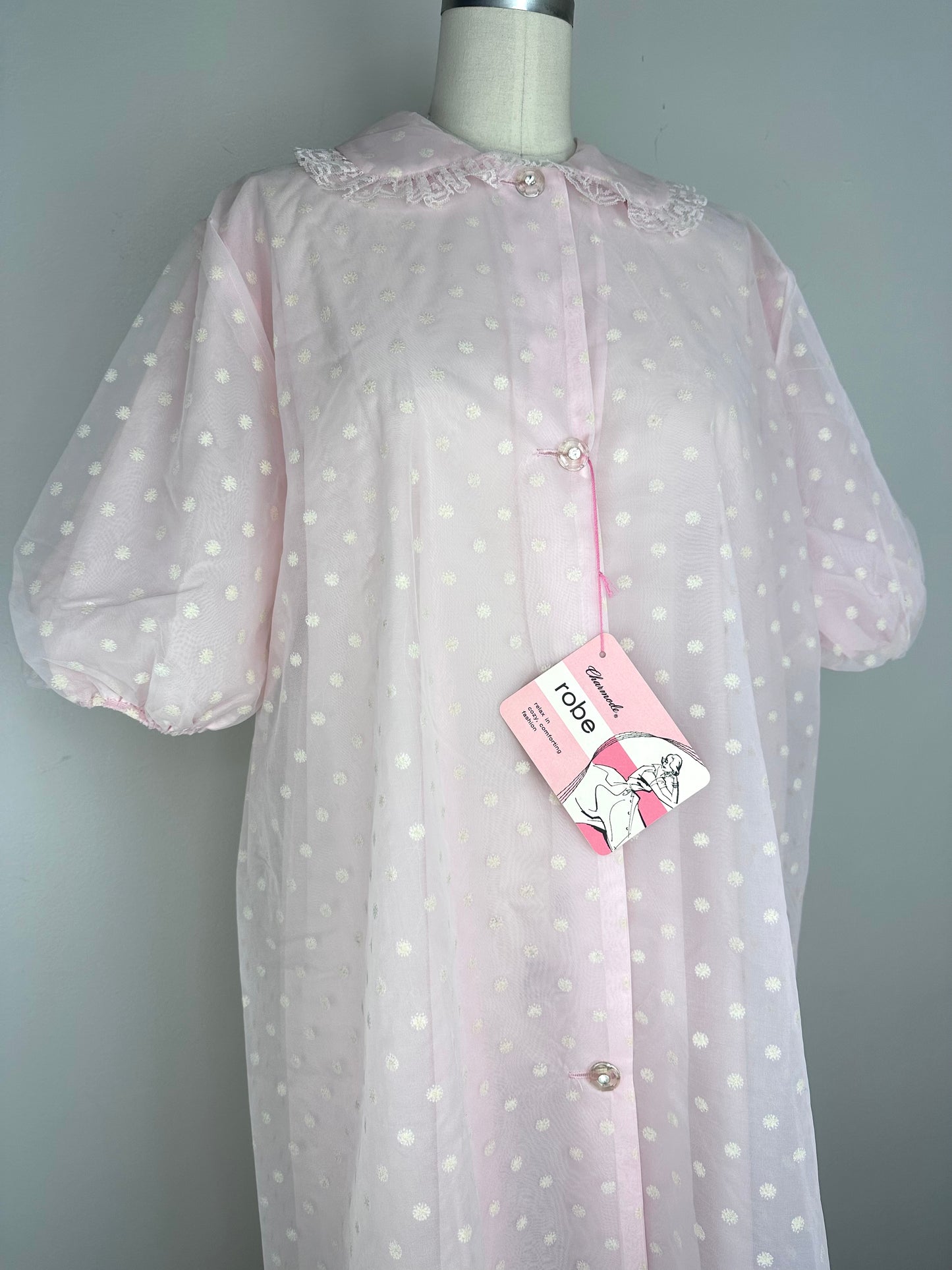 1950s Pastel Pink Flocked Robe, Charmode Size Medium, Deadstock with Tag