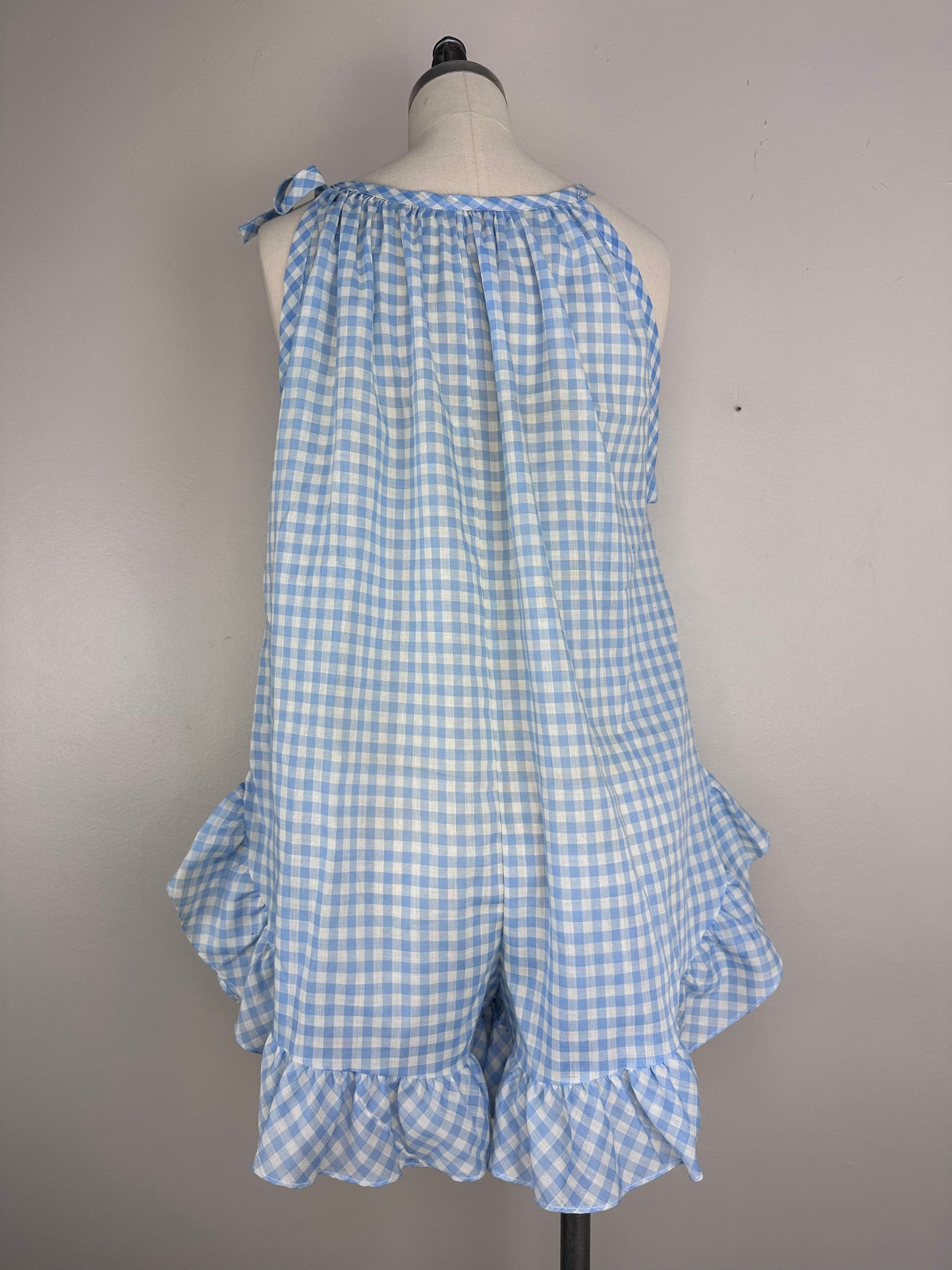 1960s Blue Gingham Loungewear Romper, Society Pajamas Size Medium Petite