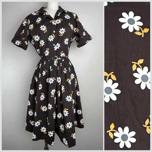 1960s Daisy Print Brown Shirt Dress, Land n Sea Size Medium, Full Skirt