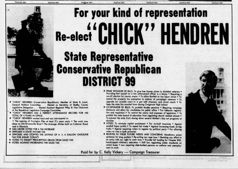 1970s Chick Hendren Campaign T-Shirt, Stick with Chick, Tennessee State Representative, Size XS/S