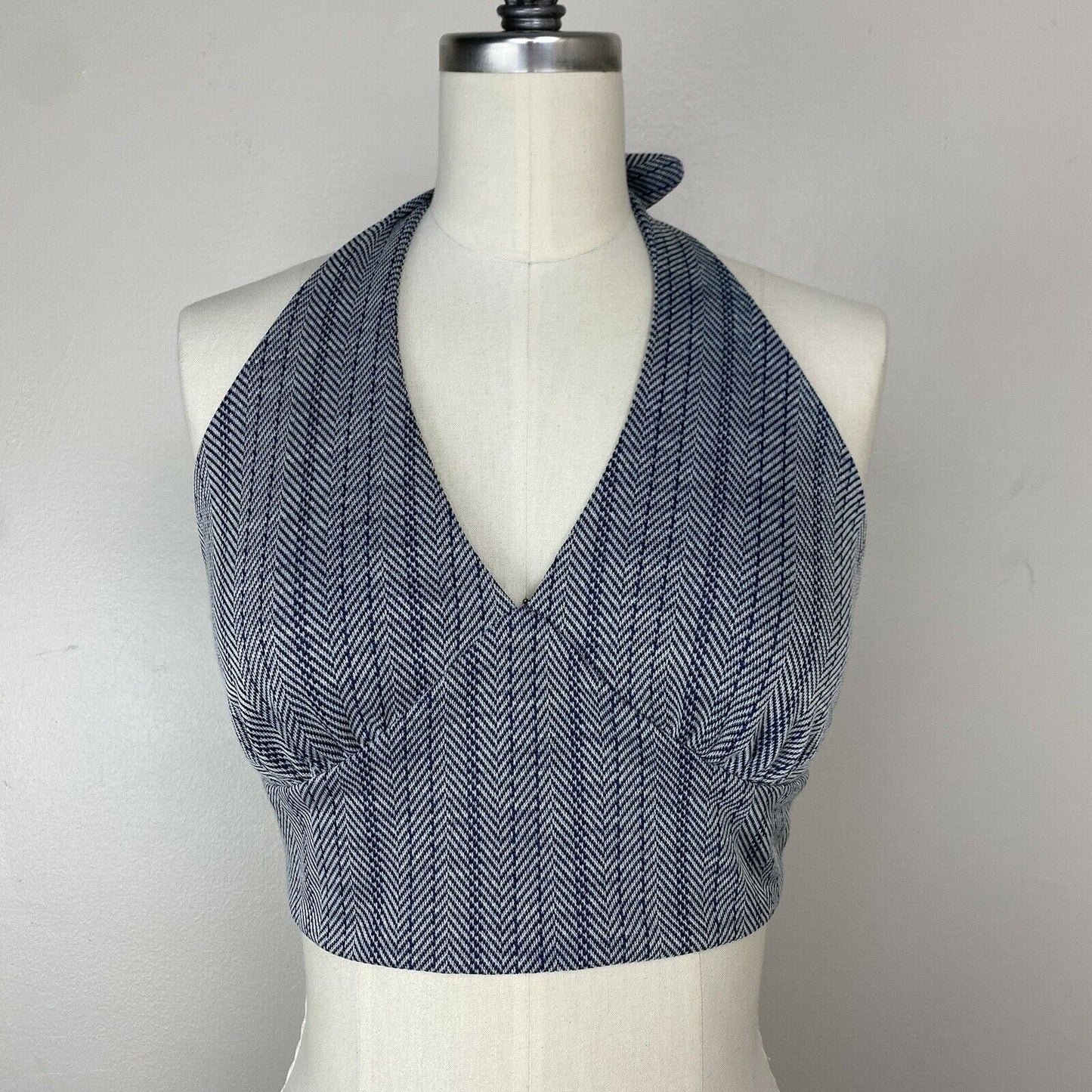 1970s Halter Top, Size XS/S, Herringbone, Tie Neck, Boho Hippie Festival