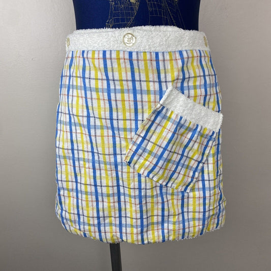 1970s Pleetway Towel Lined Plaid Beach Kilt, Swimsuit Cover Up, Terrycloth Wrap