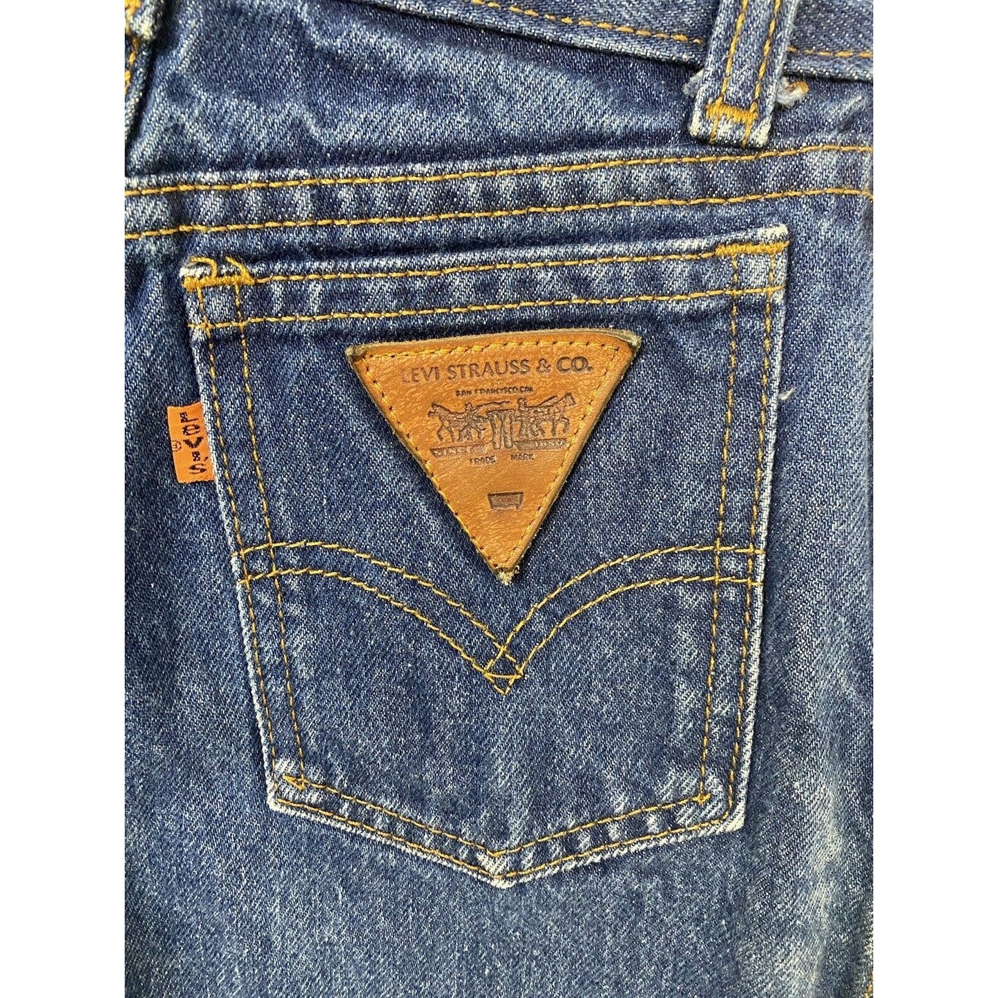 1970s Levi’s Blue Jeans, Orange Tab, Triangle Leather Patch, 22x29, High Waisted