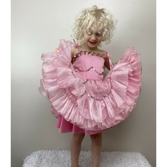 Vintage Girls Pink Pageant Dress, Feisty Size 4, Full Circle Skirt, Ruffles, Frilly, Sequins