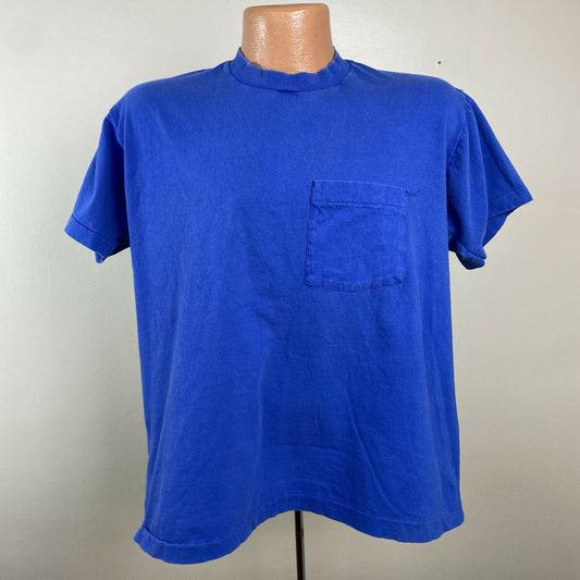 1980s Royal Blue Pocket T-Shirt, Fruit of the Loom Size L/XL, 80s Single Stitch Blank Tee