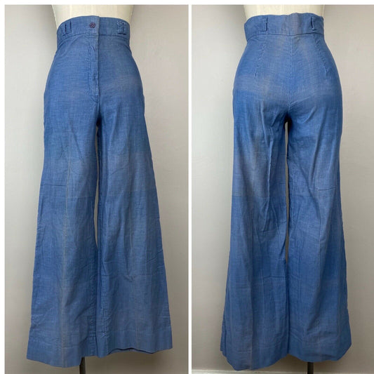 1970s Blue Corduroy Bell Bottom Pants with Storage Fades, 25x29.5, High Rise Flare Leg