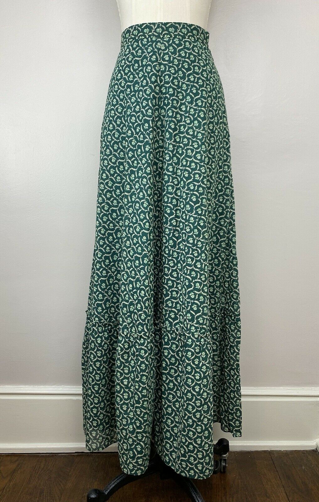 1970s Green Floral Prairie Tiered Maxi Skirt, St Michael, Size XS/S, 25” Waist