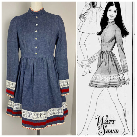 1970s Denise Are Here! Denim Prairie Mini Dress, Size Small, Cottage, Peasant