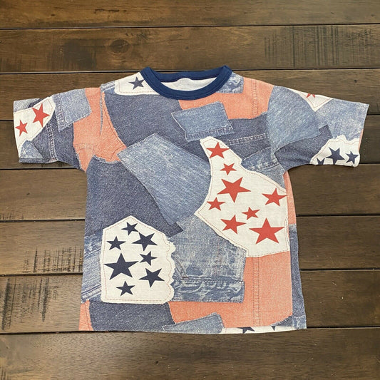 1970s/80s Kids Denim & Stars Patchwork All Over Print T-Shirt, Youth 5/6