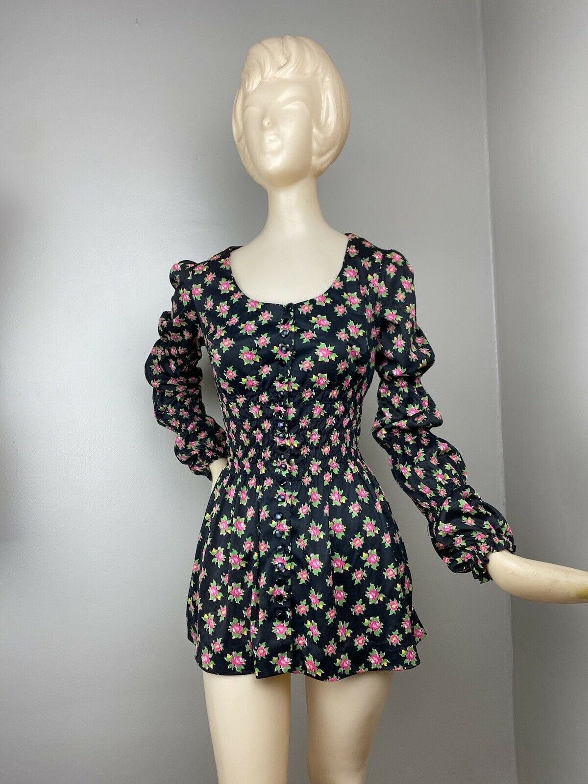 1960s Floral Mini Dress with Matching Flare Leg Pants, Size XS/S, Black & Pink Mod Set