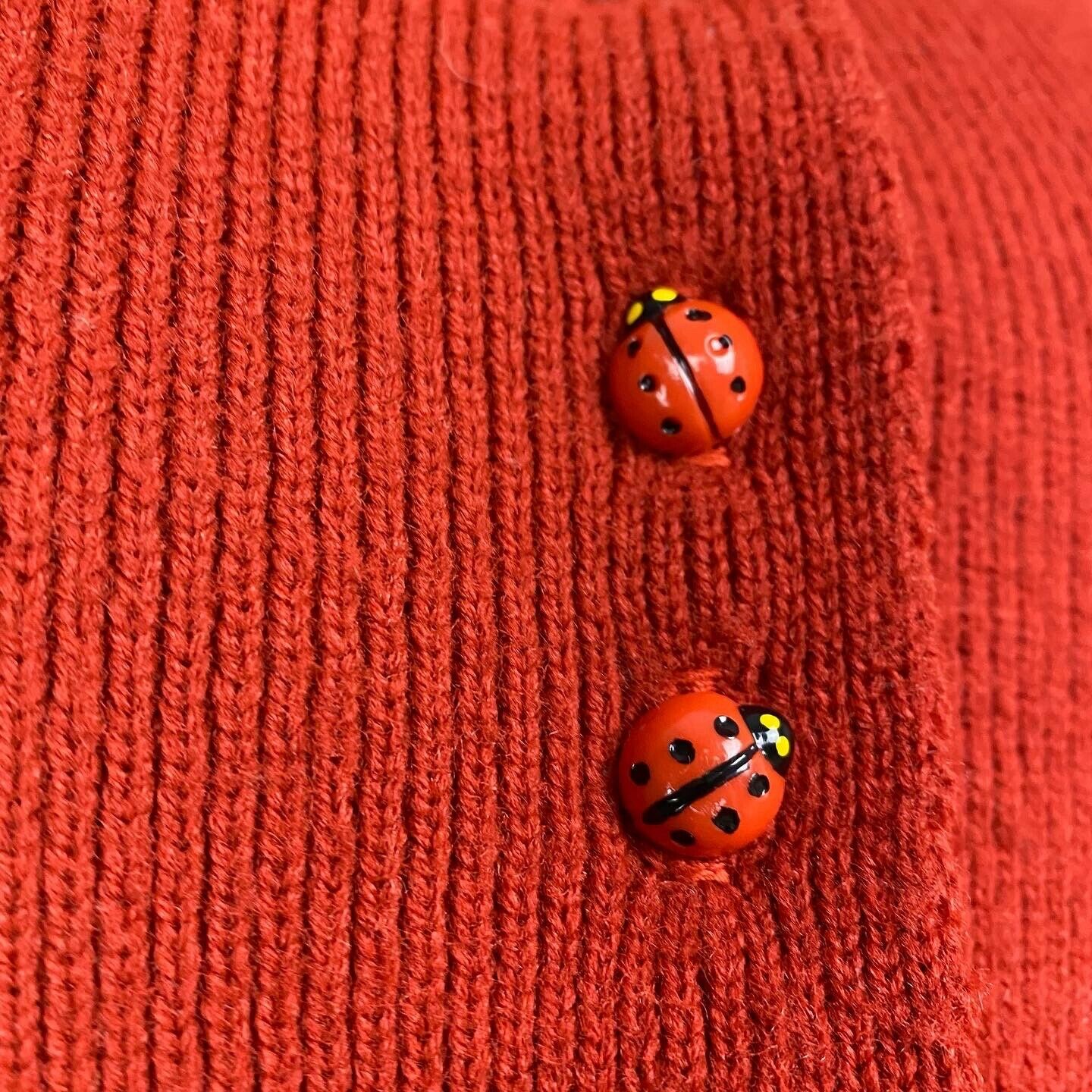 1970s Rust Flutter Sleeve Cardigan Sweater, Hang Ups Size S, Ladybug Buttons