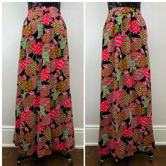 1970s Psychedelic Print Velvet Maxi Skirt, Size XS/S, 26.5" Waist, A Famous Designer Fabric from Leiter’s