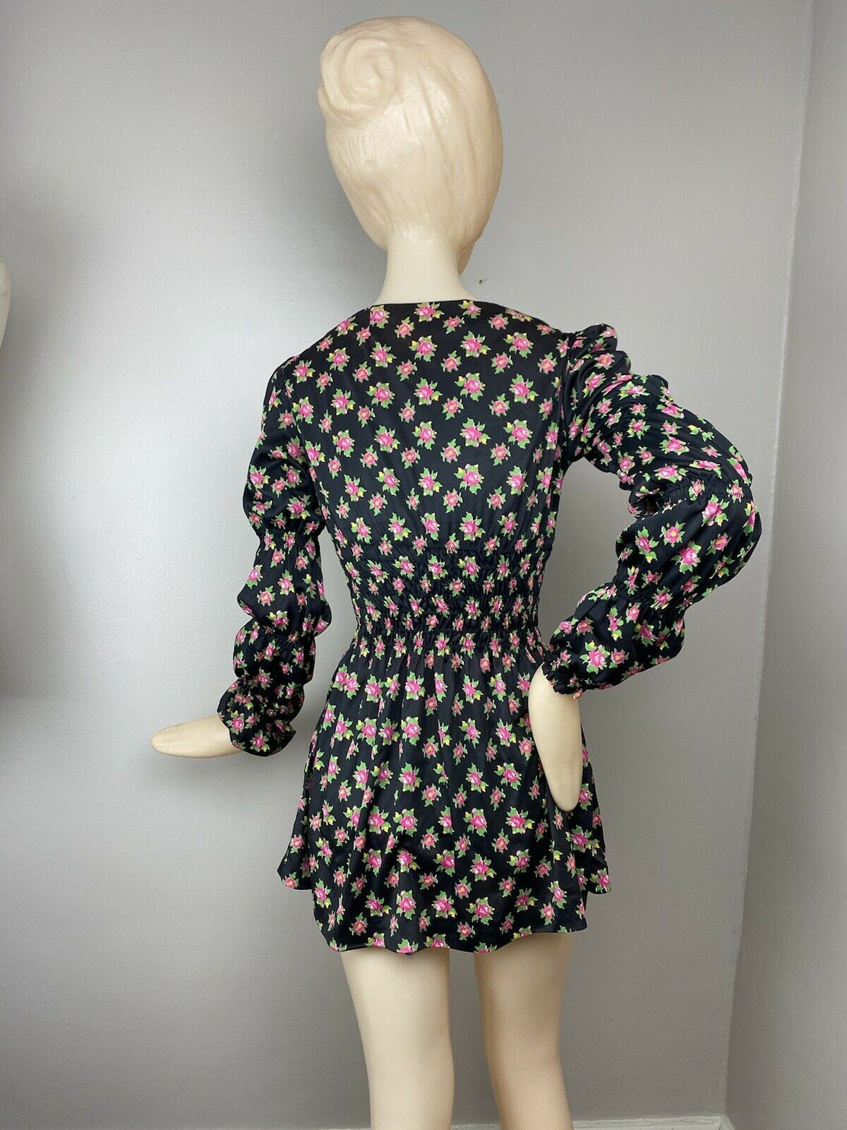 1960s Floral Mini Dress with Matching Flare Leg Pants, Size XS/S, Black & Pink Mod Set