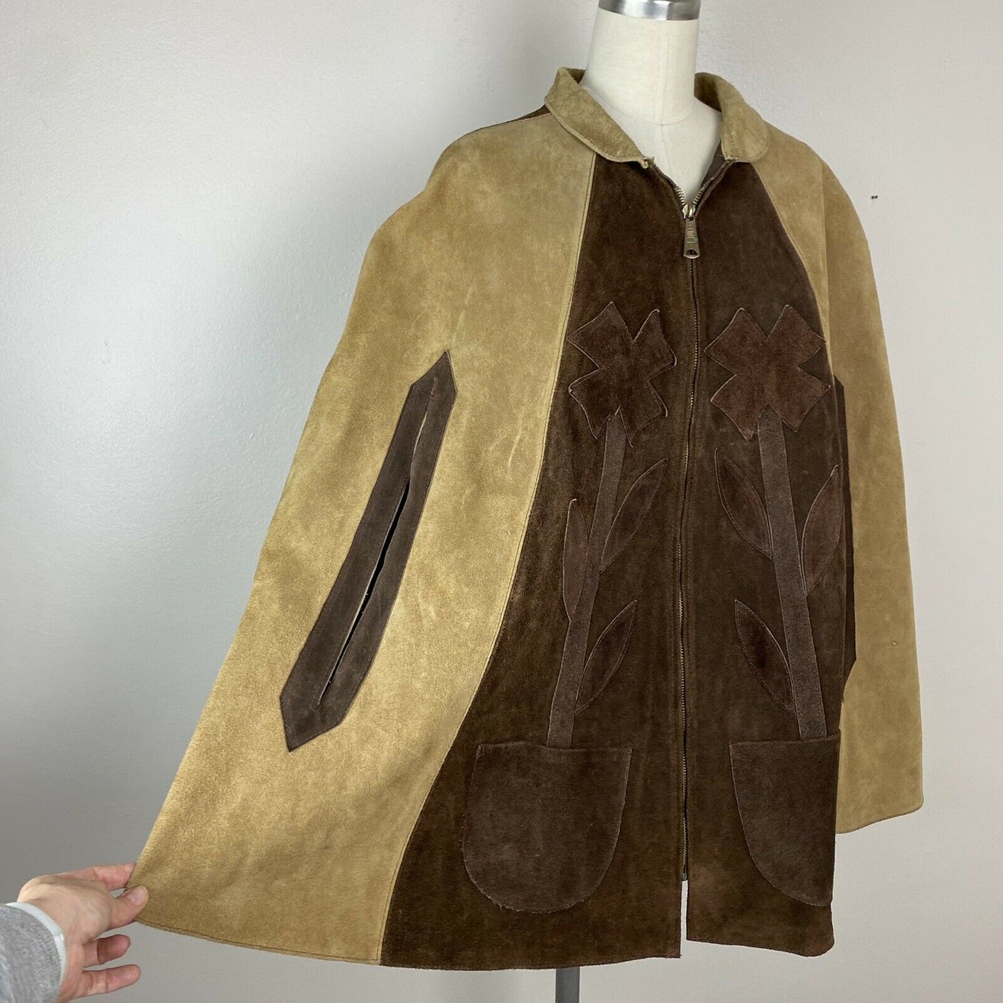 1970s Leather Cape, Two Tone Brown with Flower Appliqué, One Size Fits Many