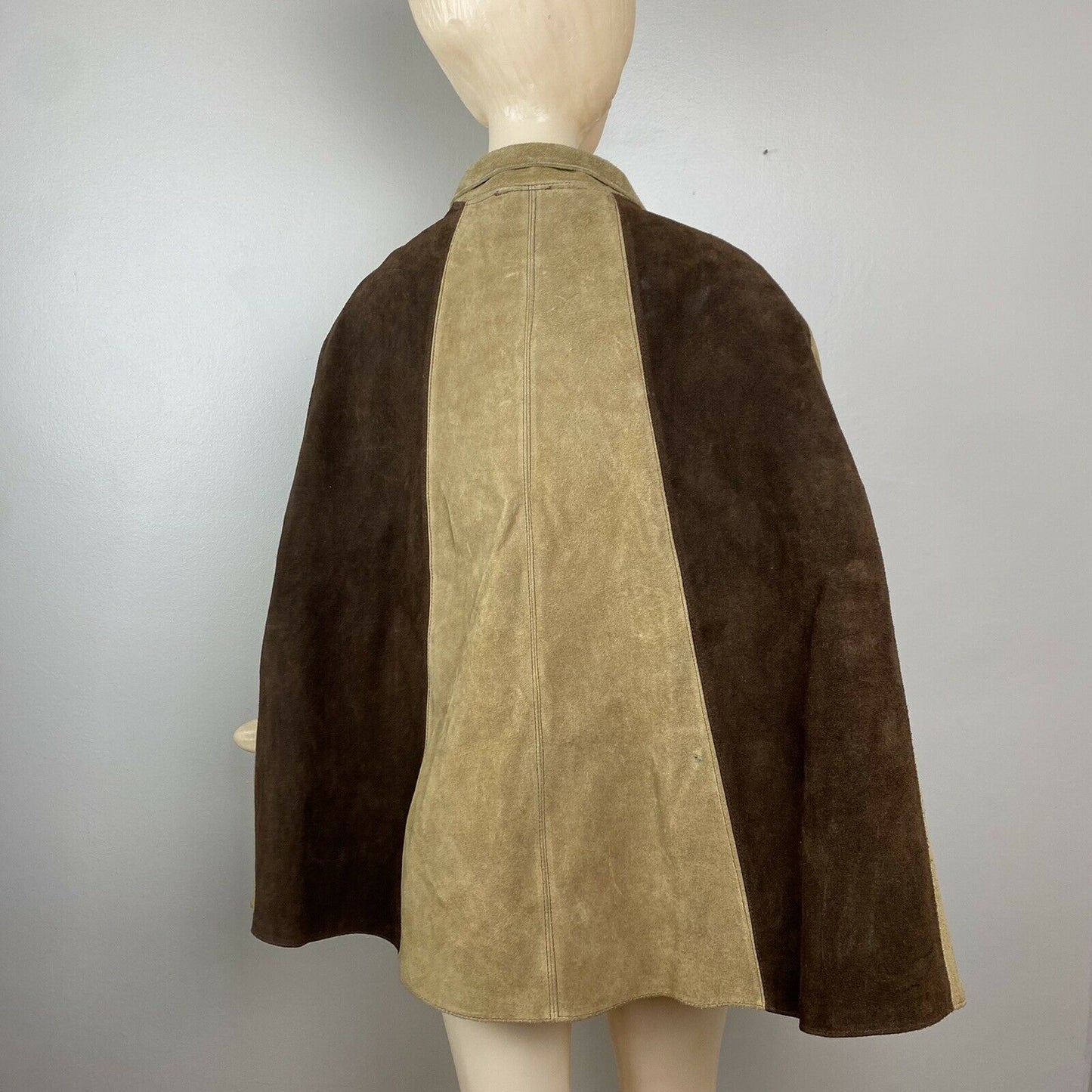 1970s Leather Cape, Two Tone Brown with Flower Appliqué, One Size Fits Many