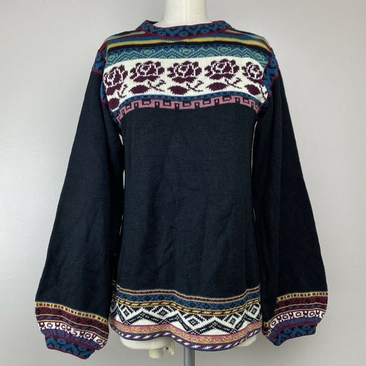 1970s Black Rose Sweater Tunic, Kickers Size Small, Boho Balloon Sleeves