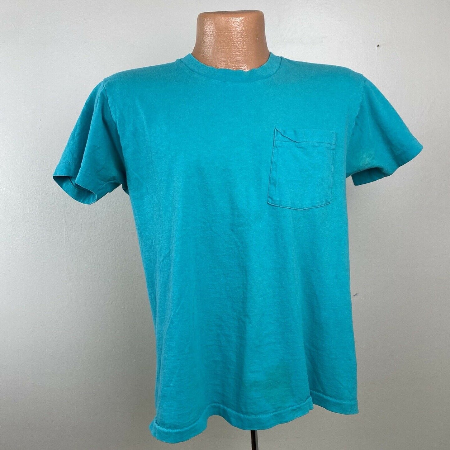 1980s Teal Pocket T-Shirt, Fruit of the Loom Size Medium, Distressed 80s Tee, Single Stitch Blank