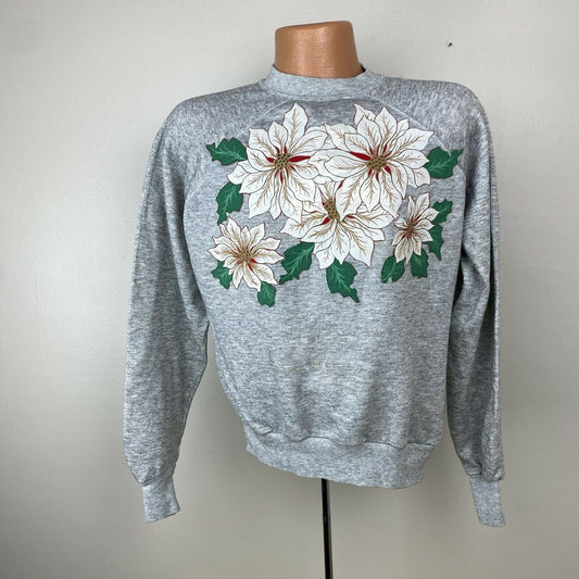 1970s Crafty Christmas Sweatshirt, Pannill Size M/L Grey 70s Sweatshirt, Poinsettia Flower Appliqué