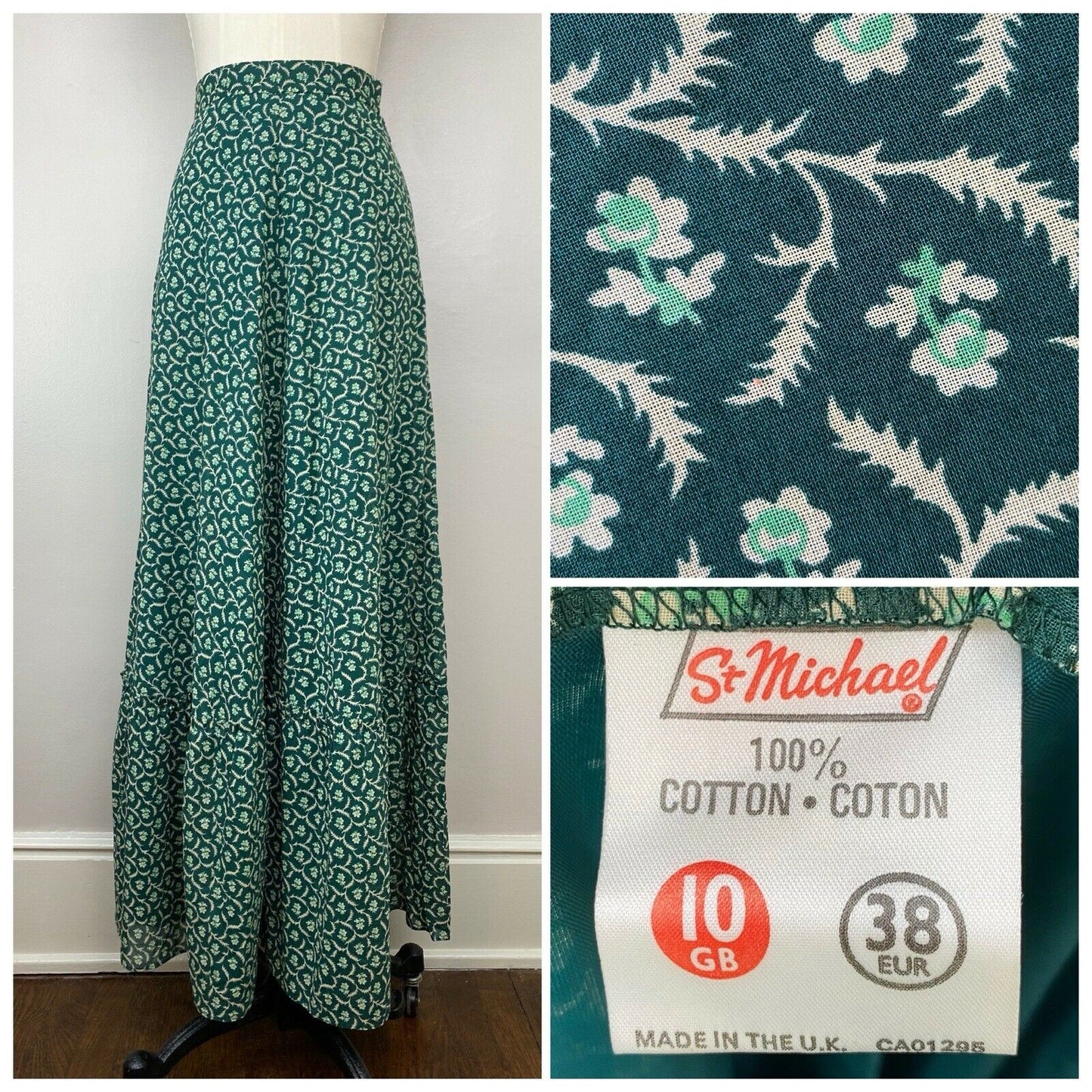 1970s Green Floral Prairie Tiered Maxi Skirt, St Michael, Size XS/S, 25” Waist