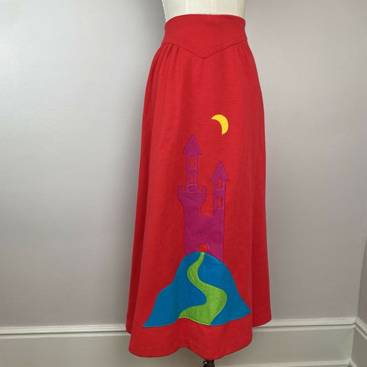 1970s Psychedelic Castle Appliqué Maxi Skirt, JrHi J.C. Penney, Size XS, 23.5" Waist