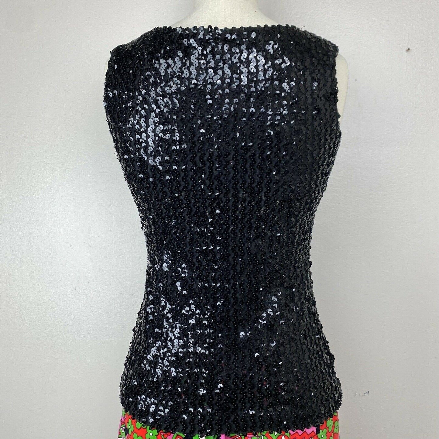 1970s Black Sequin Tank Top, Malbe Size Small, Sleeveless Shirt