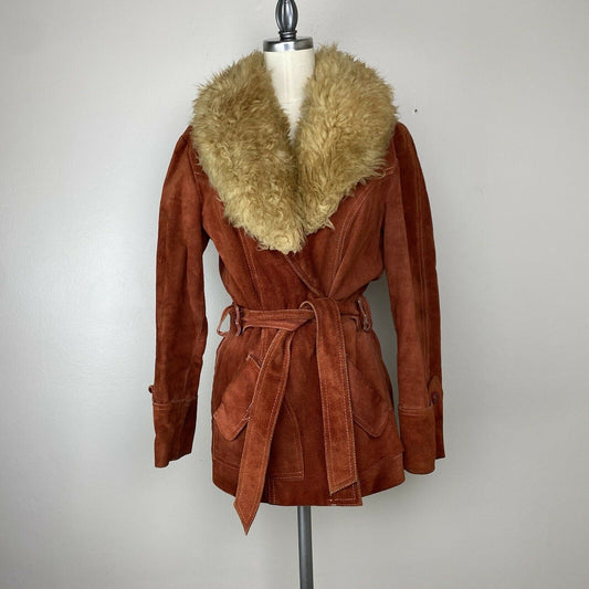 1970s Fur Trimmed Leather "Penny Lane" Coat, Size XS/S, Sherpa Collar
