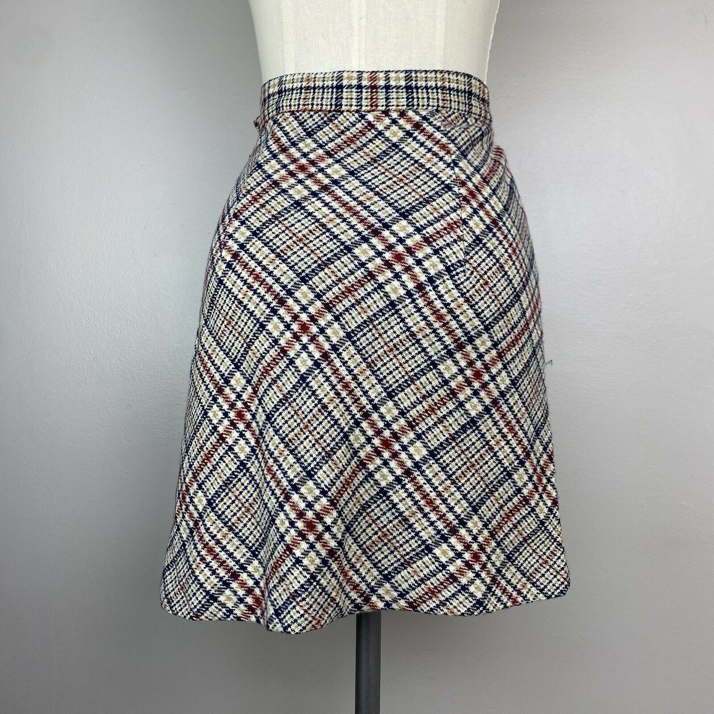 1970s Plaid A-Line Wool Mini Skirt, Size XS, 24.5” Waist