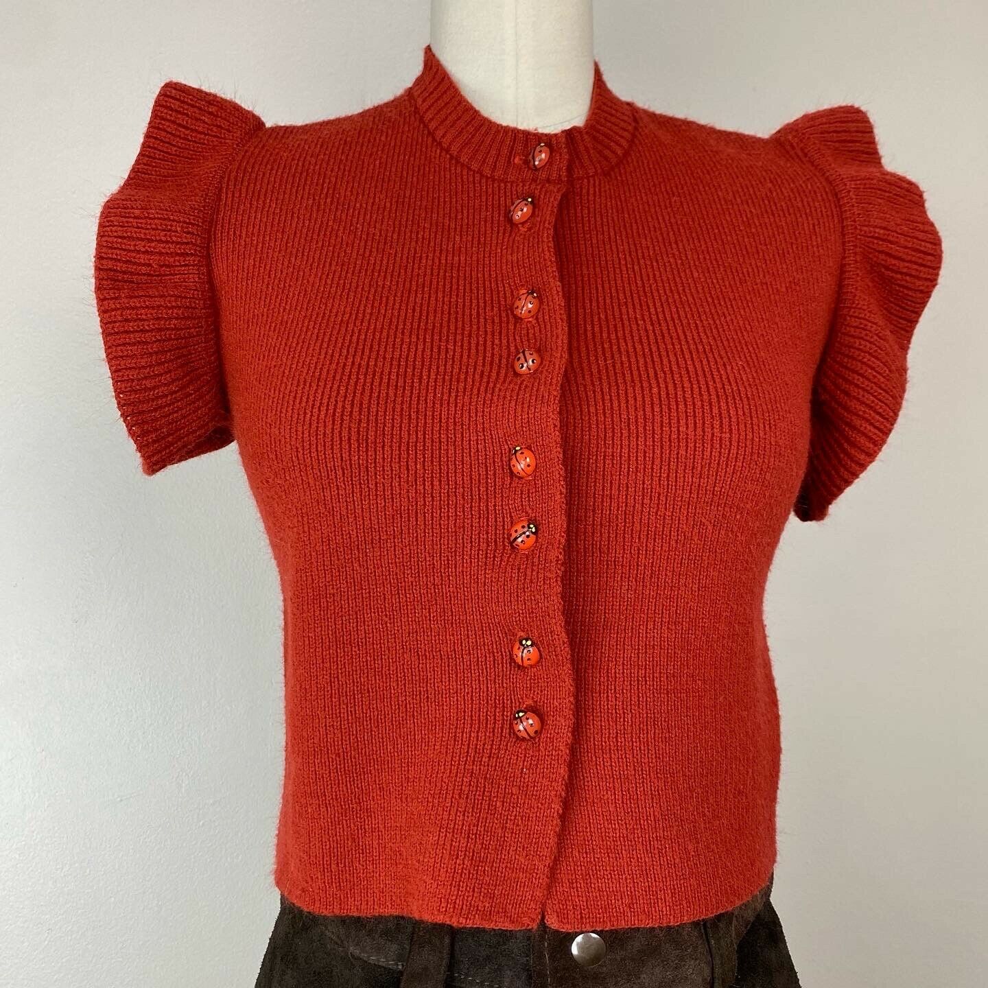 1970s Rust Flutter Sleeve Cardigan Sweater, Hang Ups Size S, Ladybug Buttons