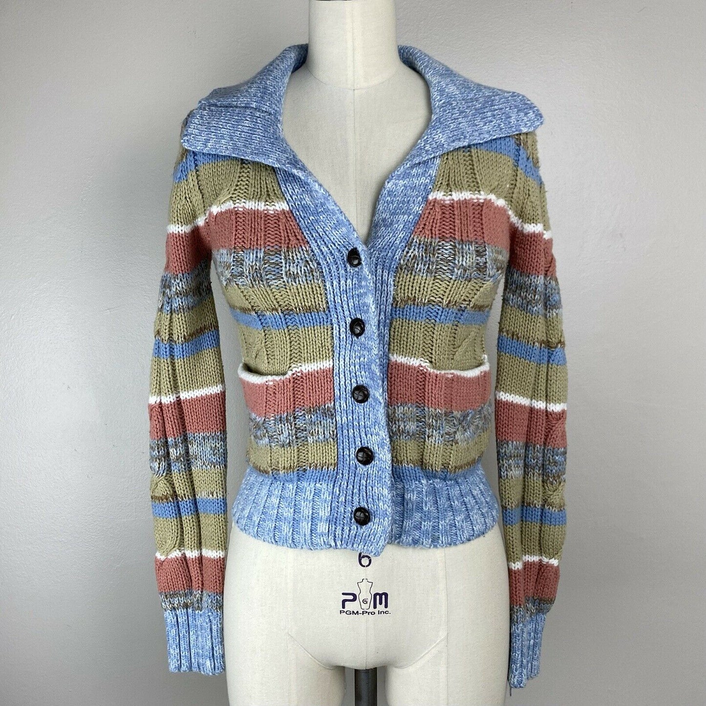 1970s Striped Cable Knit Cardigan Sweater, Alberoy Size XS, Blue Space Dye