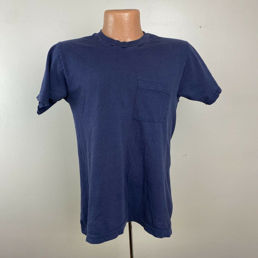 1980s Navy Blue Pocket T-Shirt, Size Small, Single Stitch Blank Tee, Distressed