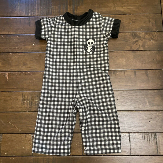 1970s Knit Panda Baby Romper, Size 6-12m, Black and White Gingham, Short Sleeve, Pants